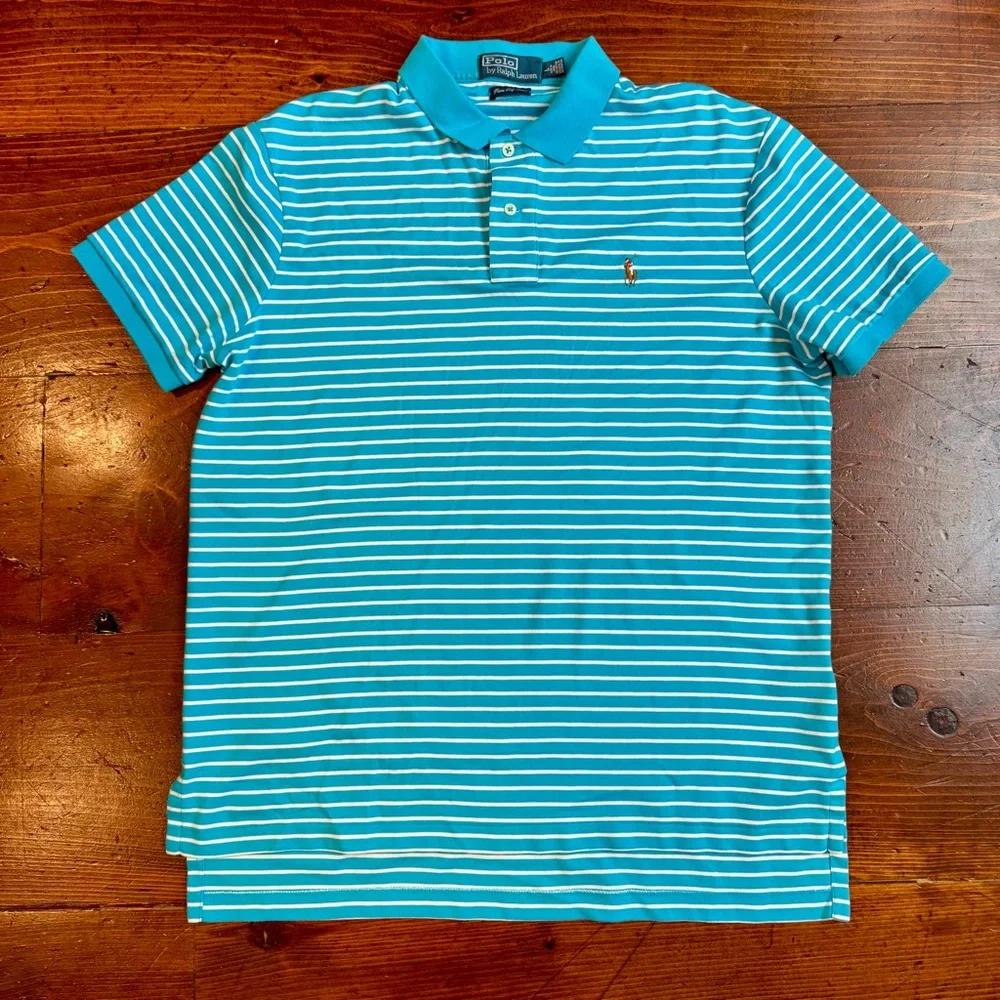 Polo by Ralph Lauren Teal and White Striped Polo‎ Shirt- Pima Soft Touch- Large